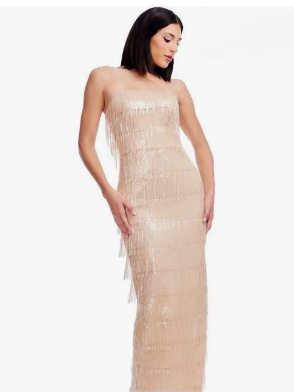 NWT- DRESS THE POPULATION Strapless Fringe Sequin Evening Gown - Nude
